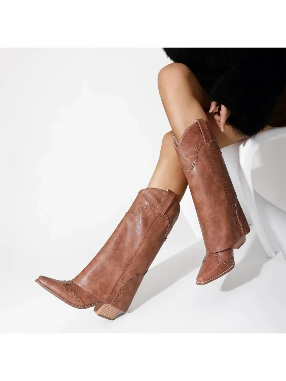 Women's Brown Chunky Heel Snip Toe Fold Over Cowgirl Knee High Shark Boots